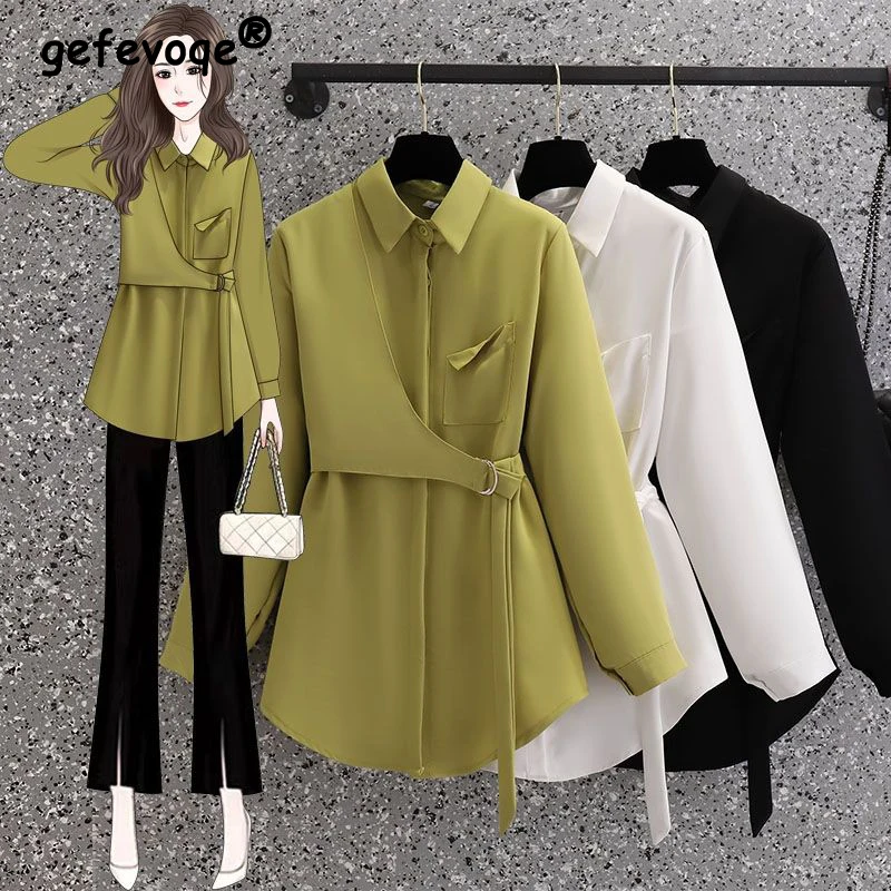 Camisa asimétrica con cordones para mujer, blusa elegante de manga larga, color liso, moda coreana, primavera y otoño