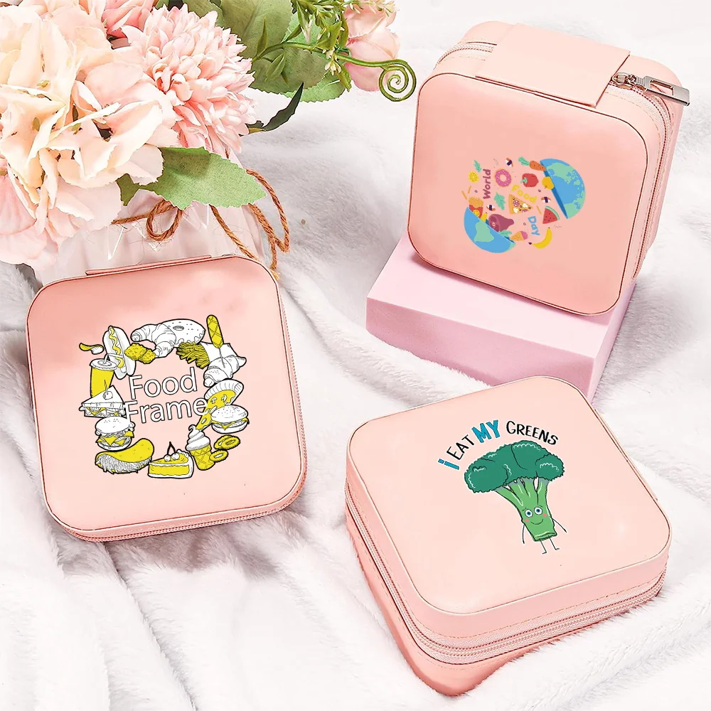 

Portable Jewelry Storage Box Travel PU Leather Waterproof Jewel Boxes New Necklace Ring Earrings Display Food Pattern Series