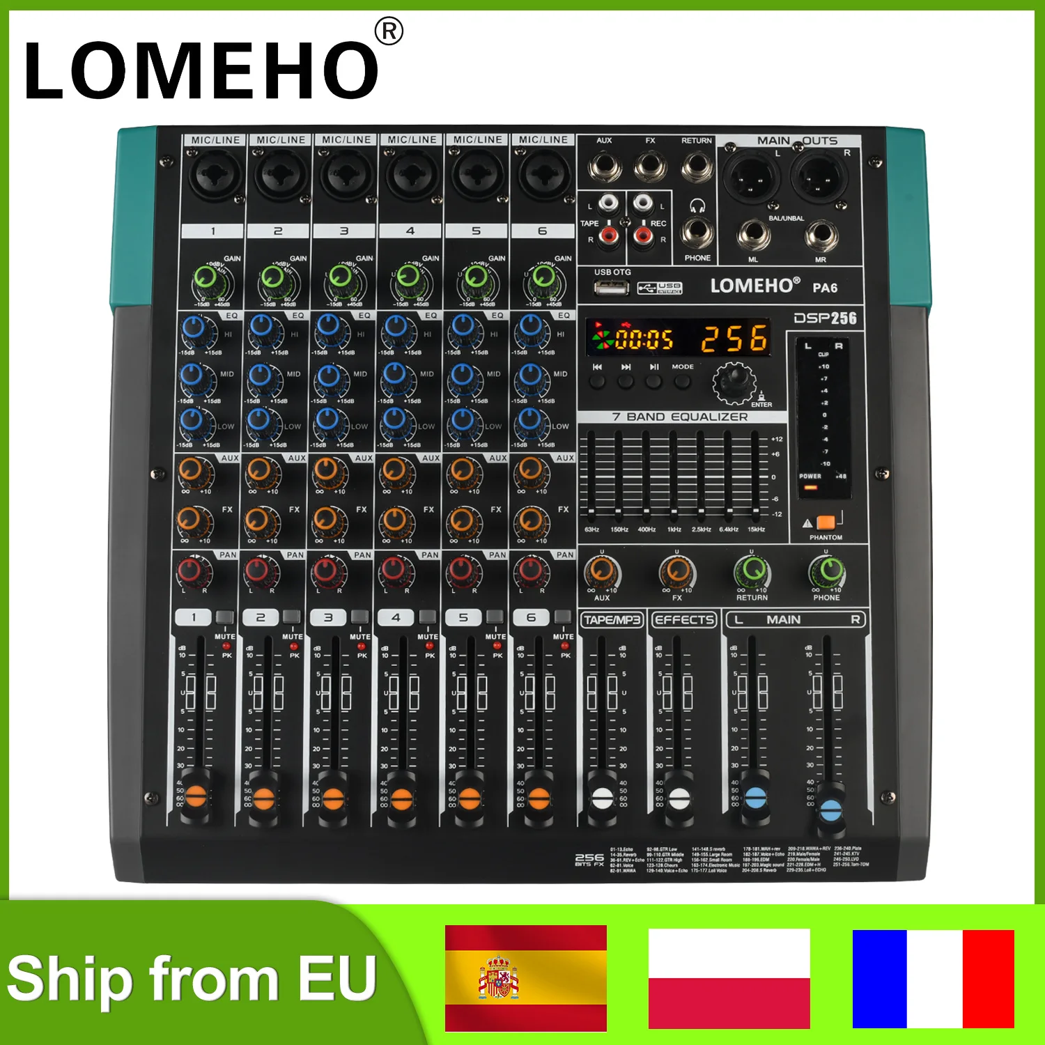 LOMEHO 6 Channel Mixing Console Bluetooth 256 Digital Effects Audio Mixer 48V Sound Table USB PC Play Record DJ Controller PA6