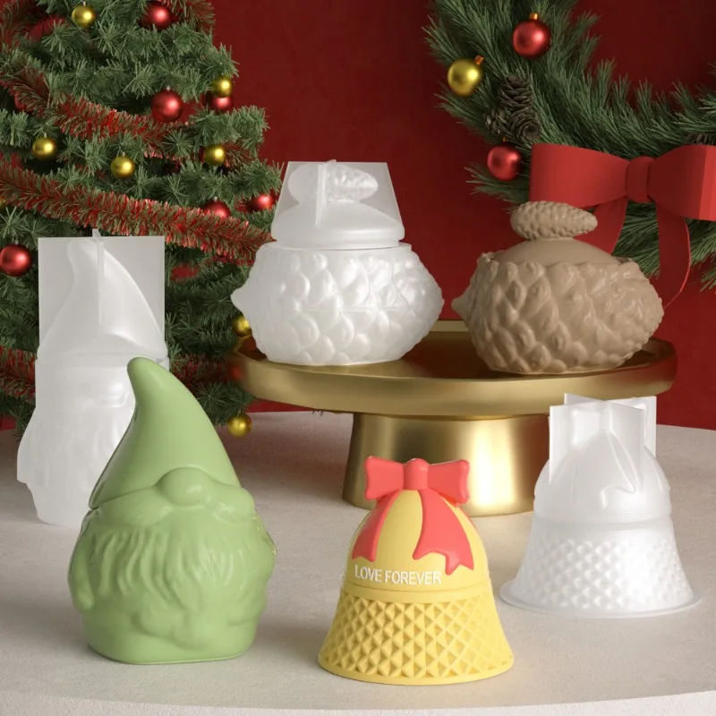 

DIY Christmas Candle Jar with Lid Silicone Mold Pinecone Santa Bow Bell Plaster Concrete Epoxy Storage Box Casting Mold Decor