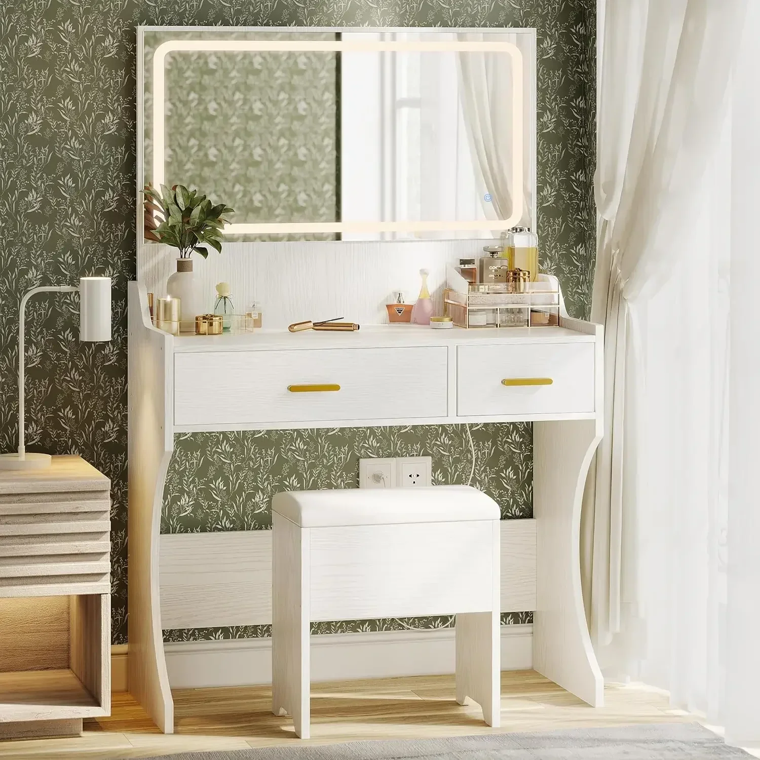 Desk with Mirror and Lights, Makeup Vanity with Lights Desk and Chair, White Vanity Table with Outlet & Drawers for Bedroom