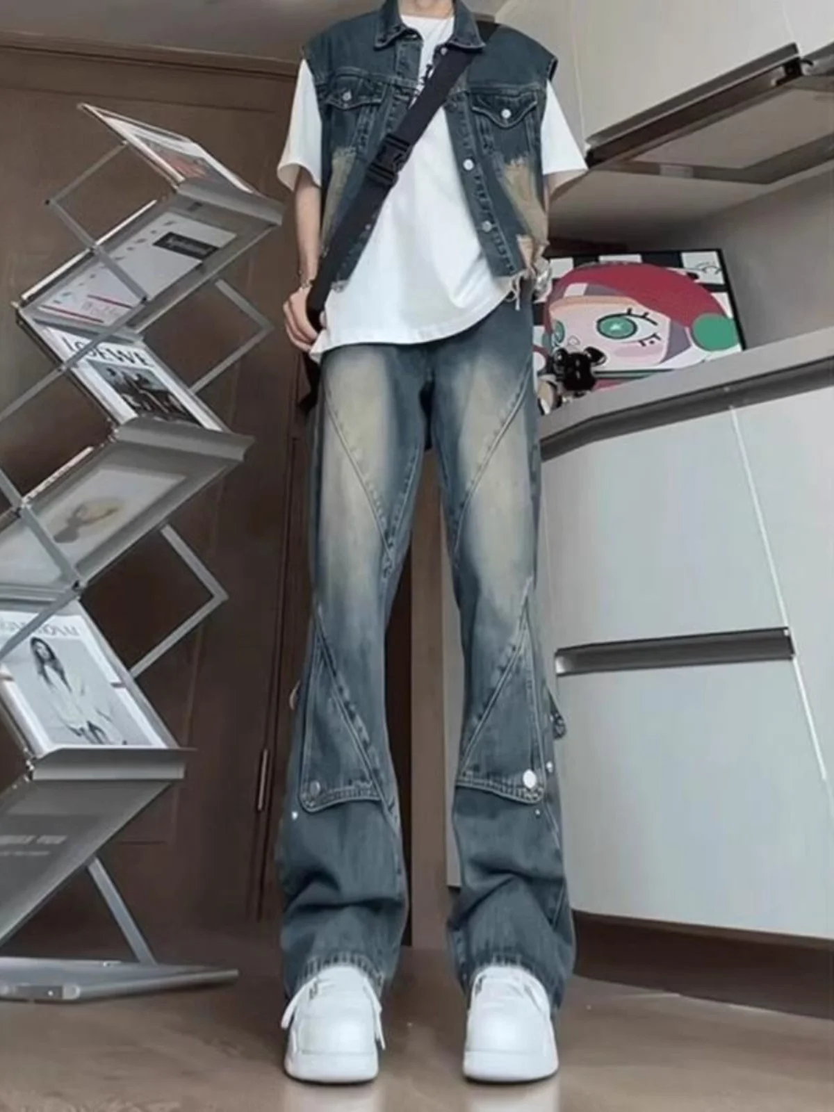 

Мужские джинсы в американском ретро-стиле, синие, с пуговицами, свободного кроя, прямые штанины, с высокой талией, молодежные, износостойкие, с микроэластичностью