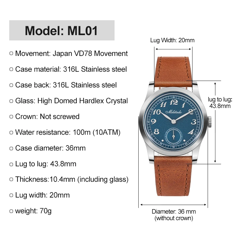 Militado ML01 ساعة كوارتز VD78 حركة 100 متر مقاومة للماء ساعة اليد القبة هاردليكس كريستال الفولاذ المقاوم للصدأ ساعات الأعمال