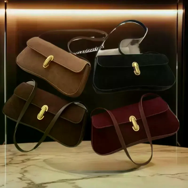 Vintage Faux Suede Shoulder Bags For Women Lock Decoration Small Underarm Bag Versatile Trendy Pillow Bags