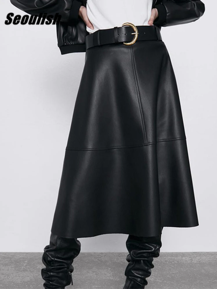 Seoulish 2023 New PU-leather Mi-long Skirt with Belted Autumn Winter High Waist Vintage A-line Skirt Mid-calf Umbrella Skirts