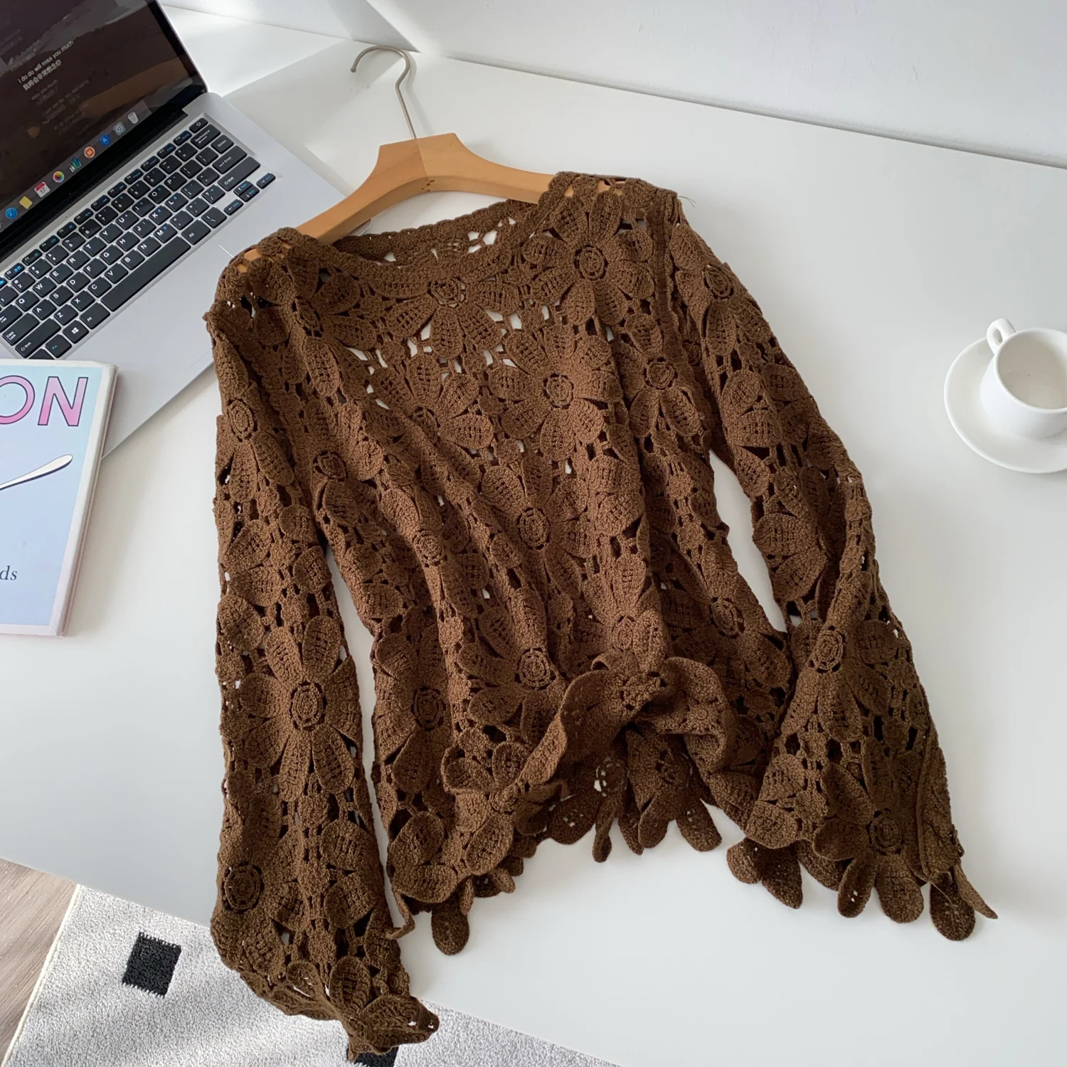 

Винтажная элегантная вязаная блузка с круглым вырезом и длинными рукавами, модная рубашка, повседневный топ, сказочная женская рубашка