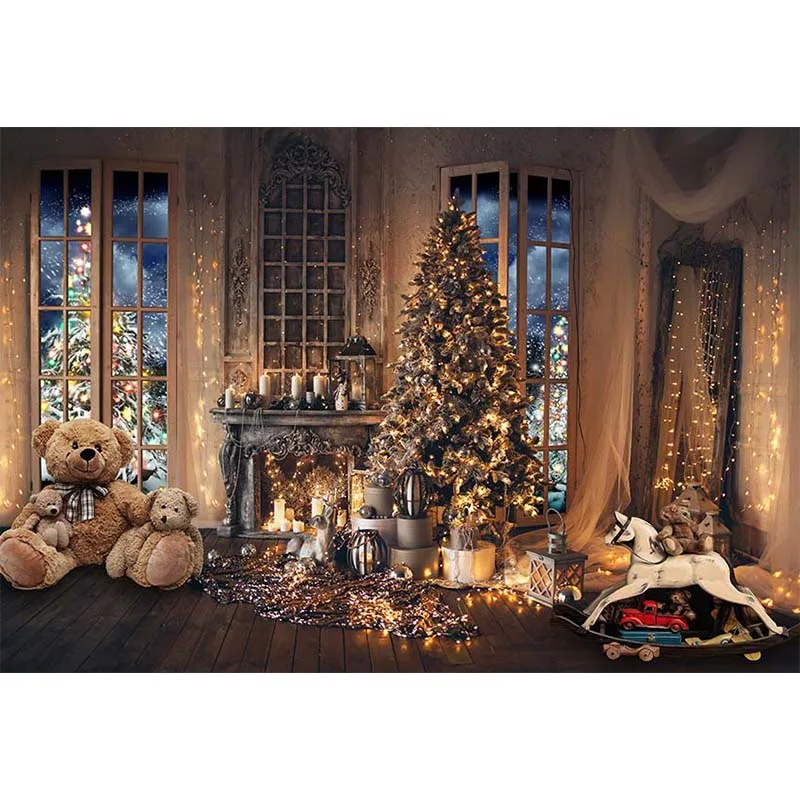 Christmas Tree Backdrop Window Firaplace Bear Trojan Horse Winter Holiday Family Decor Photo Props Photography Studio Background