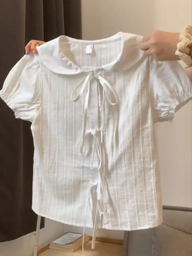 

French Fashion Sweet Peter Pan Collar Short Sleeve Summer Blouse Y2k Lace Up Design All Match Shirts Harajuku Preppy Style Tops