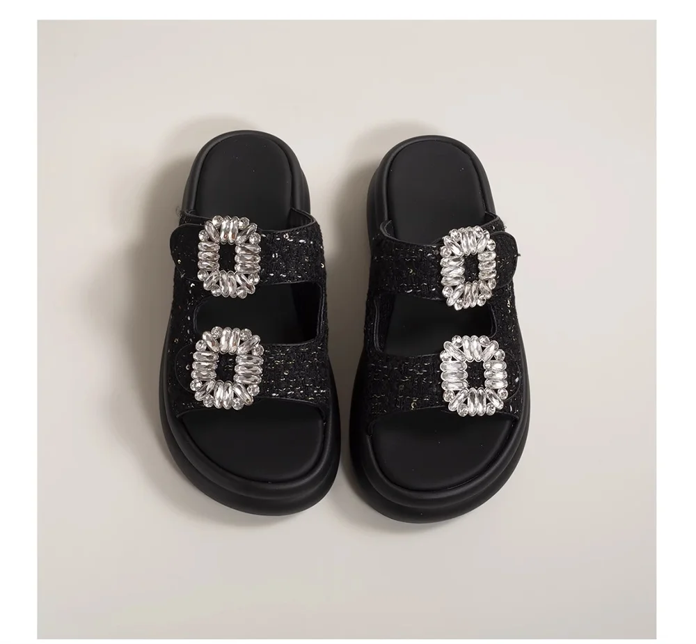 

Sequin Rhinestone Double Strap Slippers Summer Outdoor Thick Soft Sole Elevated Beach Slippers Sandals Waterproof Platform-7