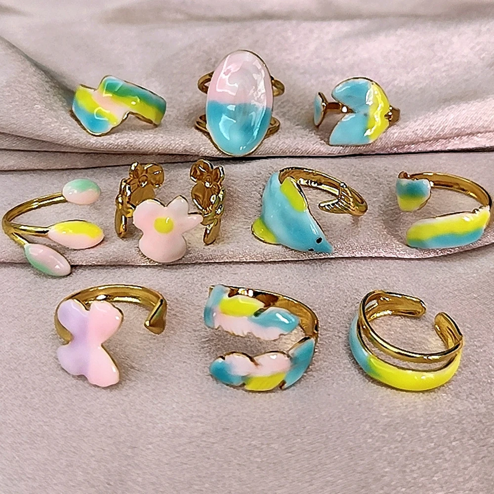 10/20/30/50 Pcs Wholesale Mix Dolphin Flower Enamel Adjustable Open Ring Gold Plated Stainless Steel Rings Cute Women Jewelry