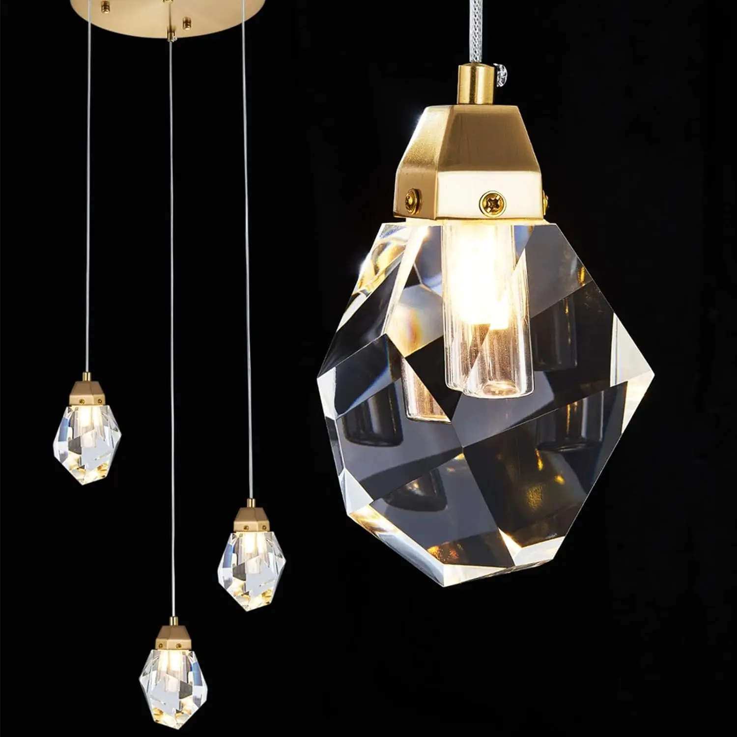 3 Lights Crystal Pendant Light Modern Cluster Chandelier - Dimmable Led Pendant Light Fixture With Brass Teardrop Design -