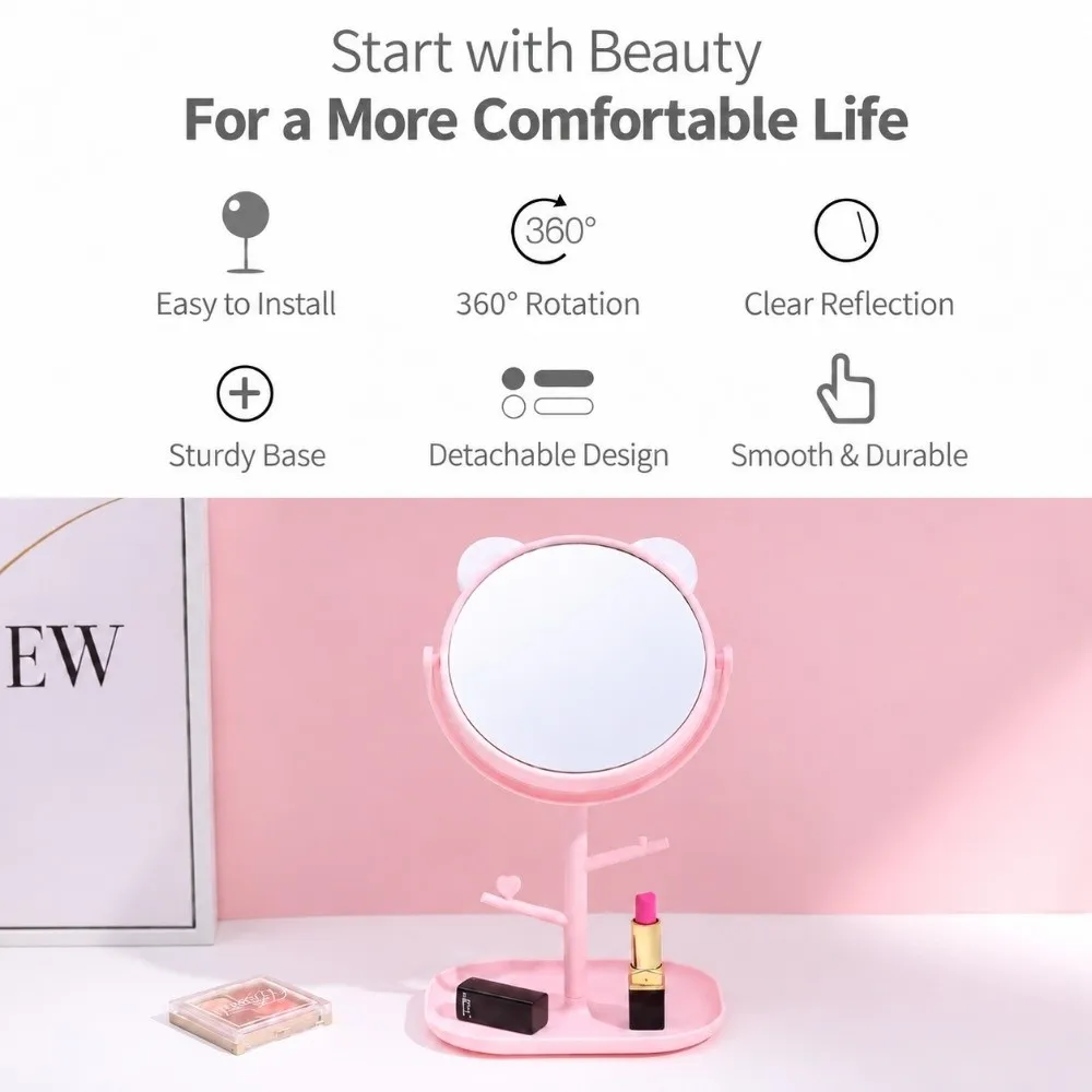 Kawaii Cat Ear Vanity Mirror 360°Rotation with Jewelry Hooks Makeup Mirror Lightweight StorageTray Desktop Mirror