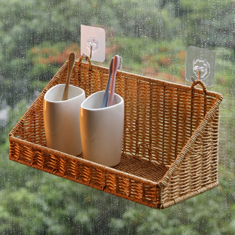 

No Punching Toilet Rack Bathroom Shelf Imitation Rattan Washstand Wall Hanging Wall Storage Basket Bathroom Shelves