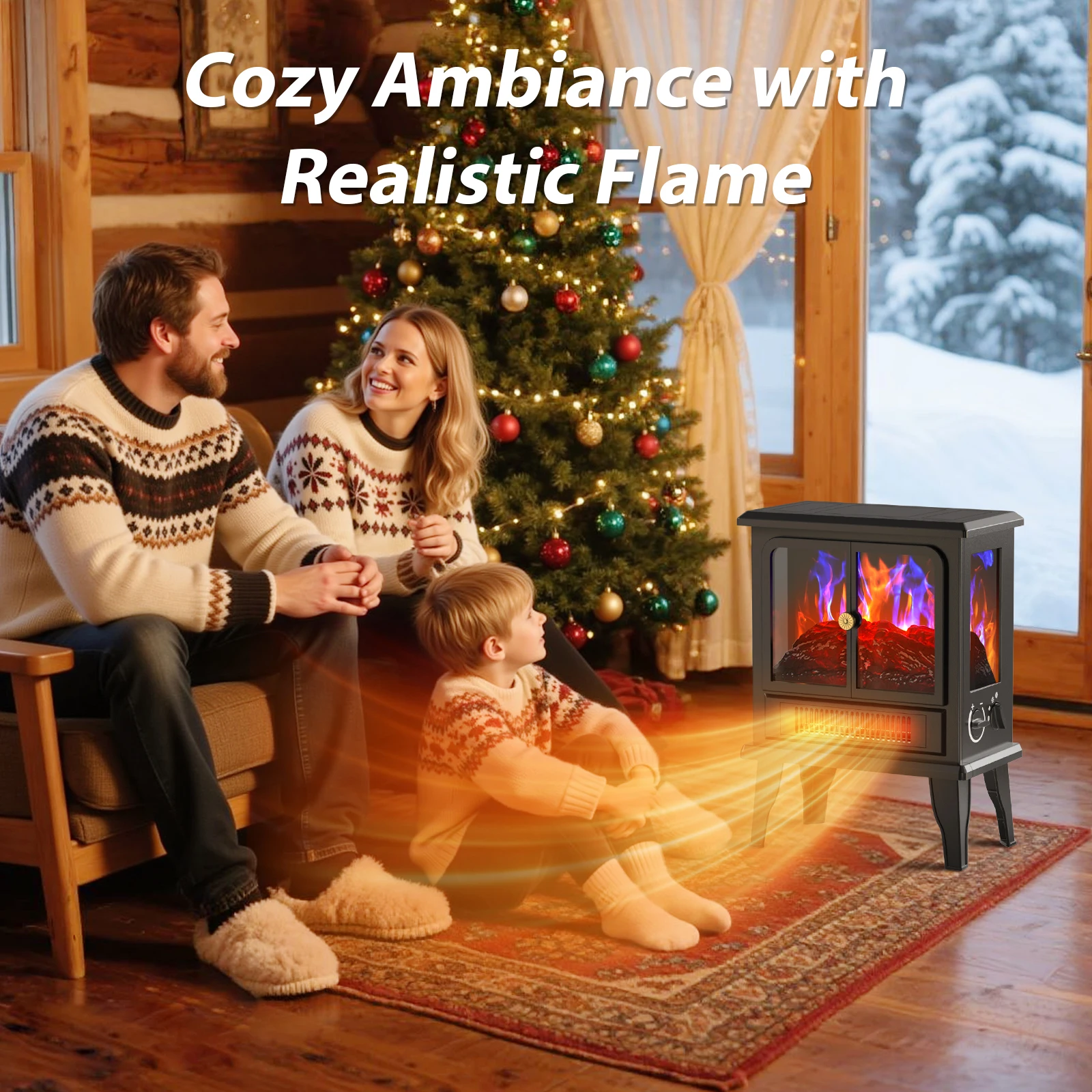 750W/1500W Thermostat Control for Indoor Home Heating Freestanding Electric Fireplace Stove, Portable Electric Heater with Realistic 3D Flame Effect,