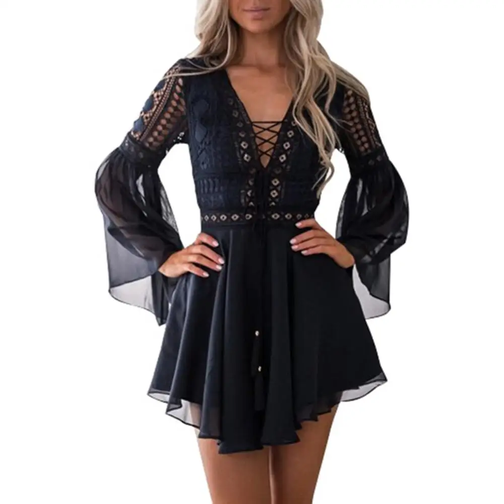 

Sexy V Neck Women's Spring Summer Dress Long Flared Sleeve Mini Dress Crochet Hollow out Sexy Chiffon Bandage Mini Dress 2020