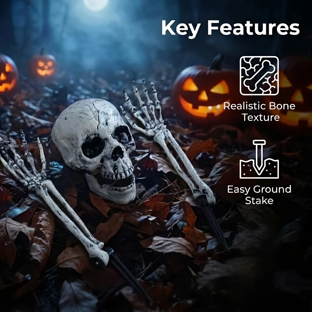 【3D】Halloween Skeleton Yard Decoration Set – Includes 1 Life-Size Realistic Skull and 2 Arm Stakes