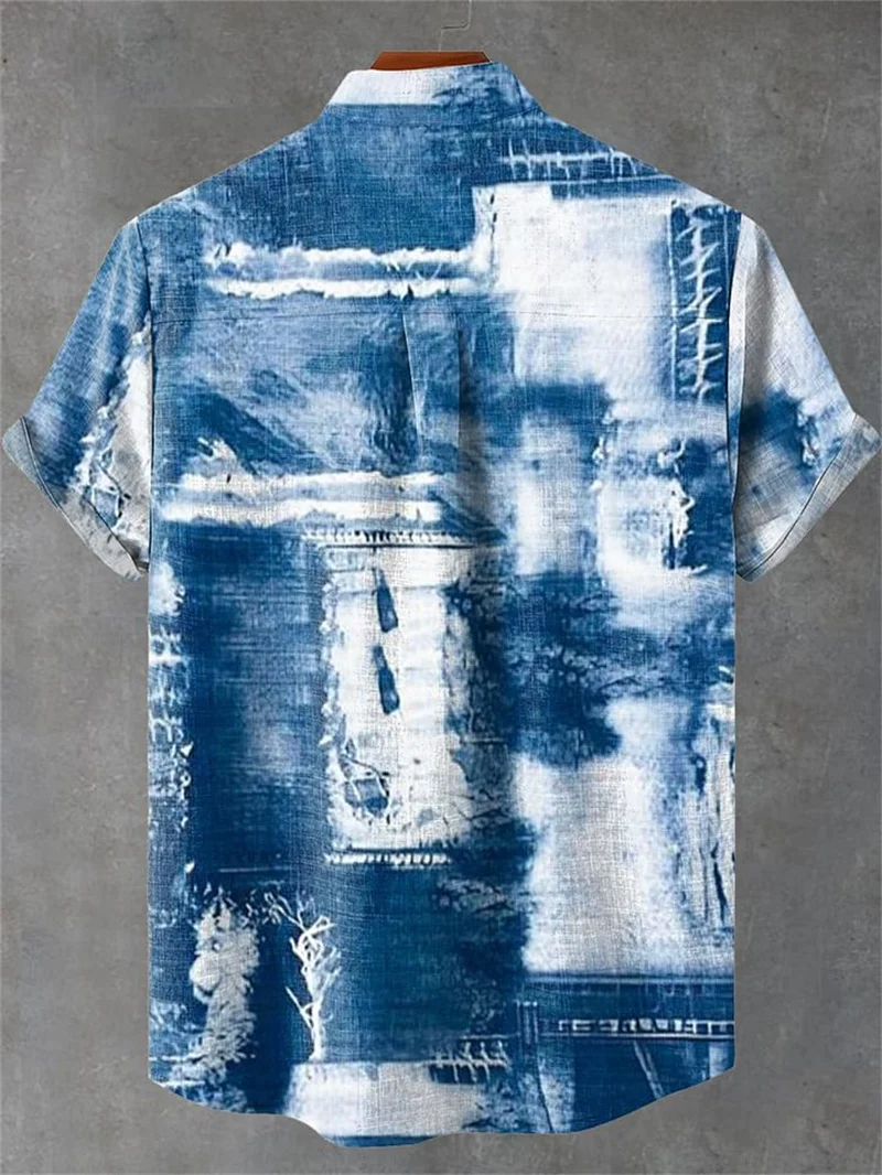 قميص رجالي مريح بأكمام قصيرة من الكتان 100% قميص رجالي أنيق بنمط مخطط هندسي قميص عصري غير رسمي #2