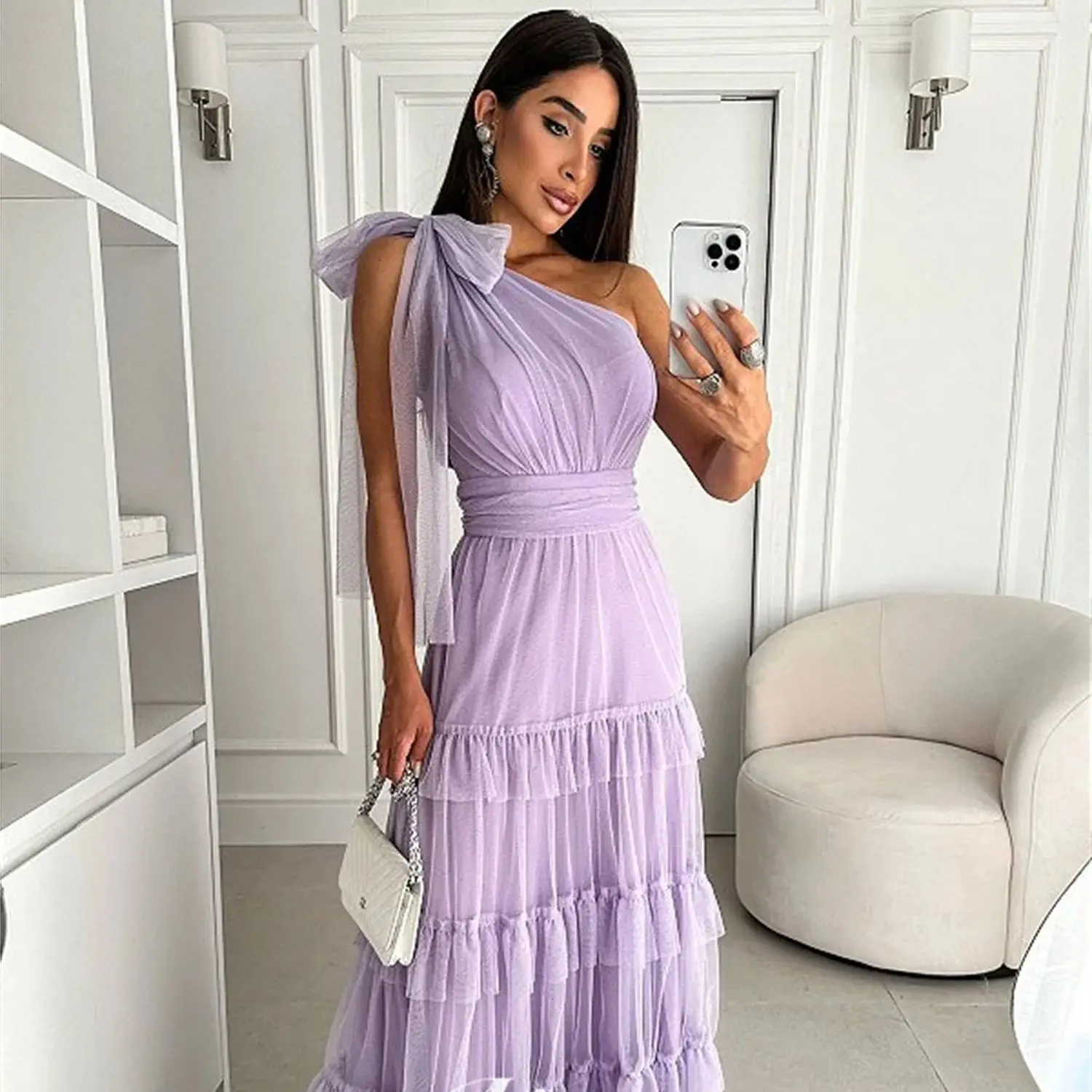 Aileen Lavender Purple Bow Tie One Shoulder Layered Wedding Party Dress Women Elegant Luxury Vintage Dresses Woman Evening Gown