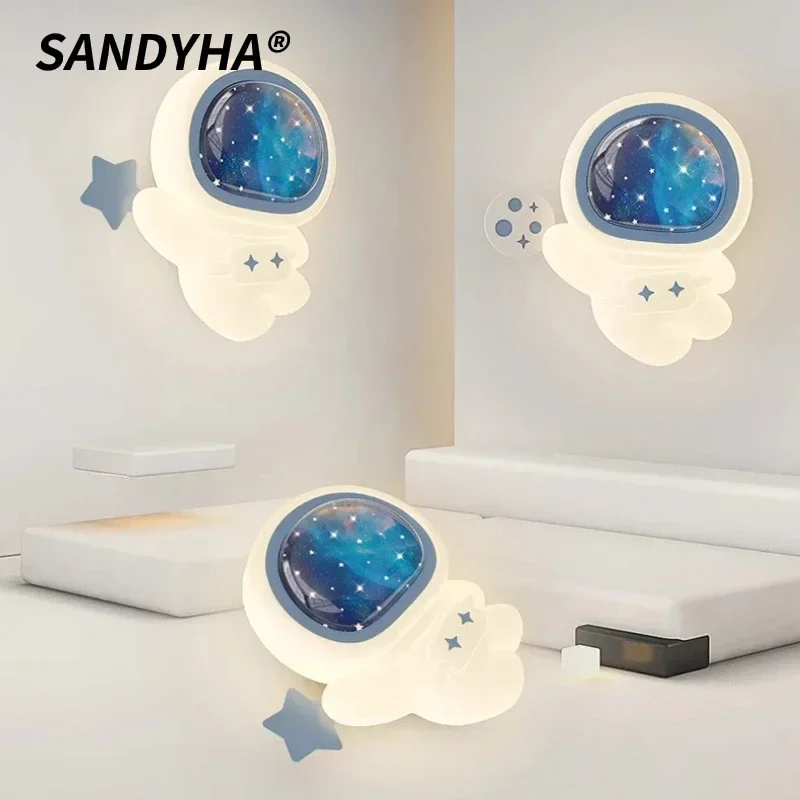 

SANDYHA Modern Creative Wall Lamp Astronaut Children's Room Cartoon LED Background Night Light for Bedroom Study Home Decoration