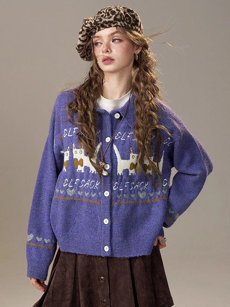 

Sweet Jacquard Knit Cardigan Women Autumn Winter Vintage Cute Print Sweater Long Sleeve Button Loose Casual Lazy Wind Jumpers