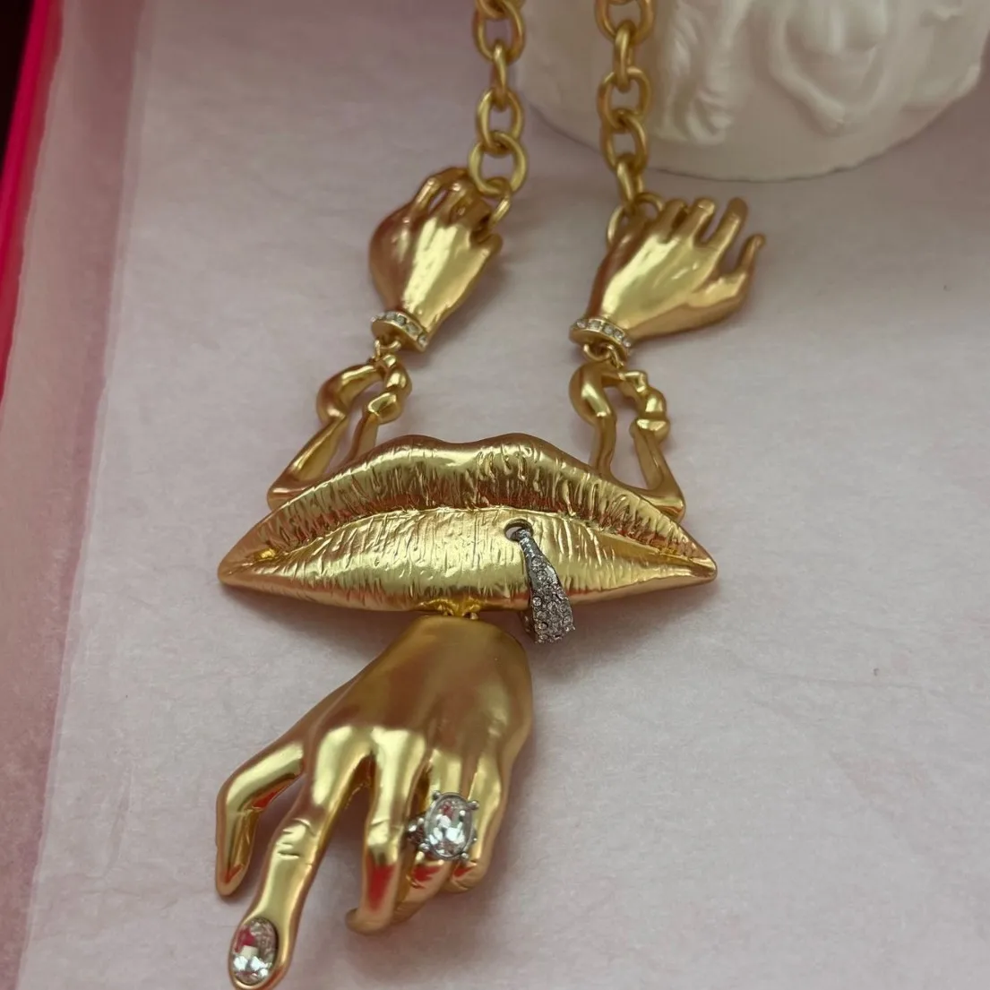 Vintage European Brass Facial Features Series Necklace, Niche Design Statement Jewelry for Women