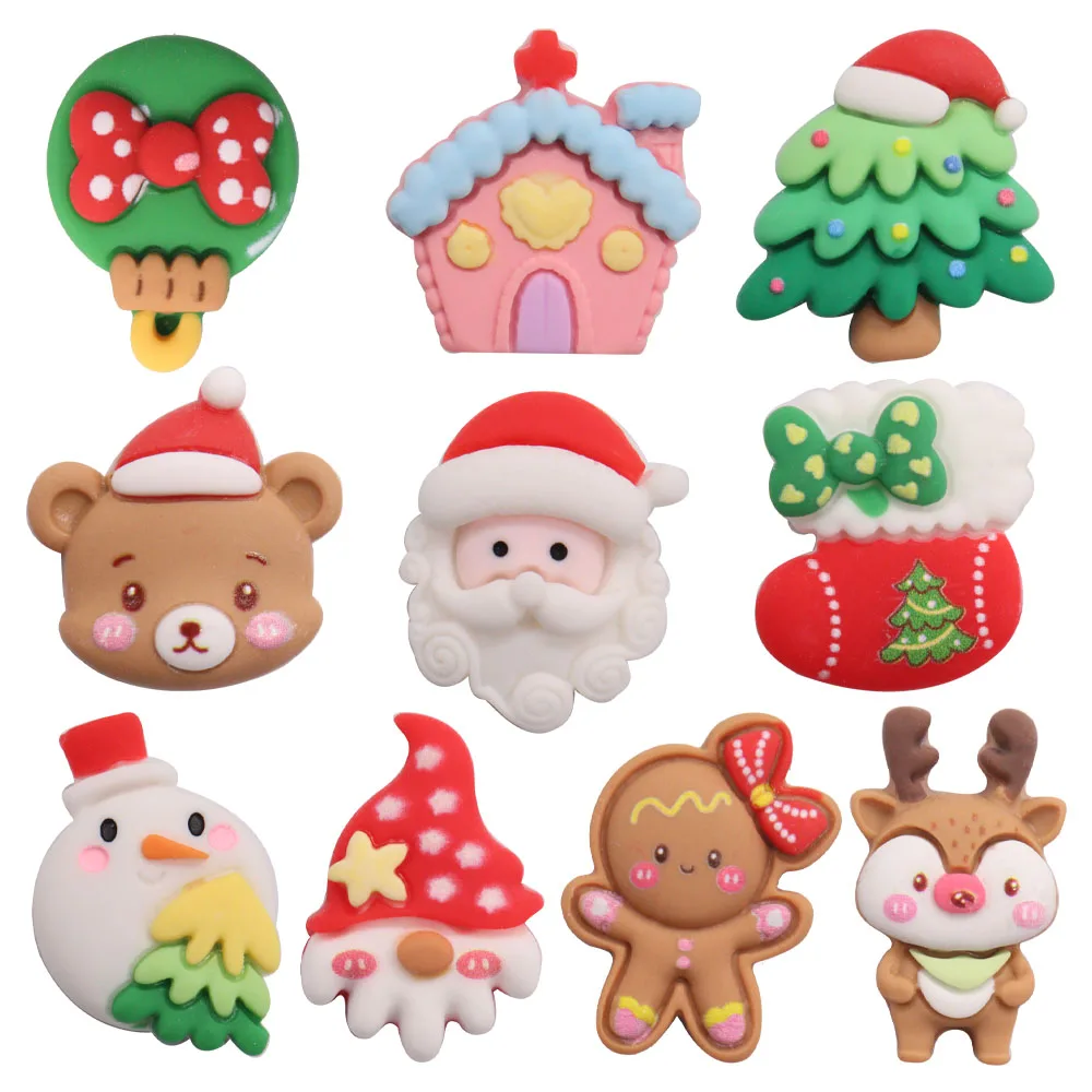 Mix 50pcs Resin Shoe Charms Deer Bear Santa Claus Snowman Socks Christmas House Gingerbread Man Decorations for Bands Bracelets