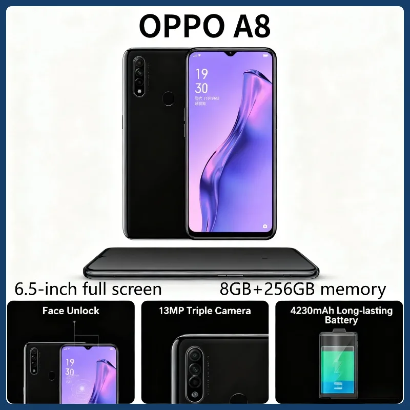 هاتف OPPO A8 المحمول 8GB + 256GB AI Face Unlock 6.5 بوصة شاشة Waterdrop 4230 مللي أمبير في الساعة بطارية كبيرة 12 ميجابكسل كاميرا خلفية ثلاثية الإصدار العالمي