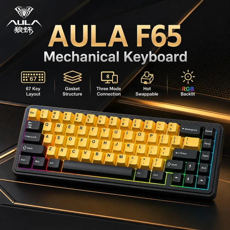 AULA F65 Mechanical Keyboard Gaming Keyboard 67 Key Compact Hot Swap Rgb Backlit Gasket Three Mode for Laptop Desktop Gamer Pc