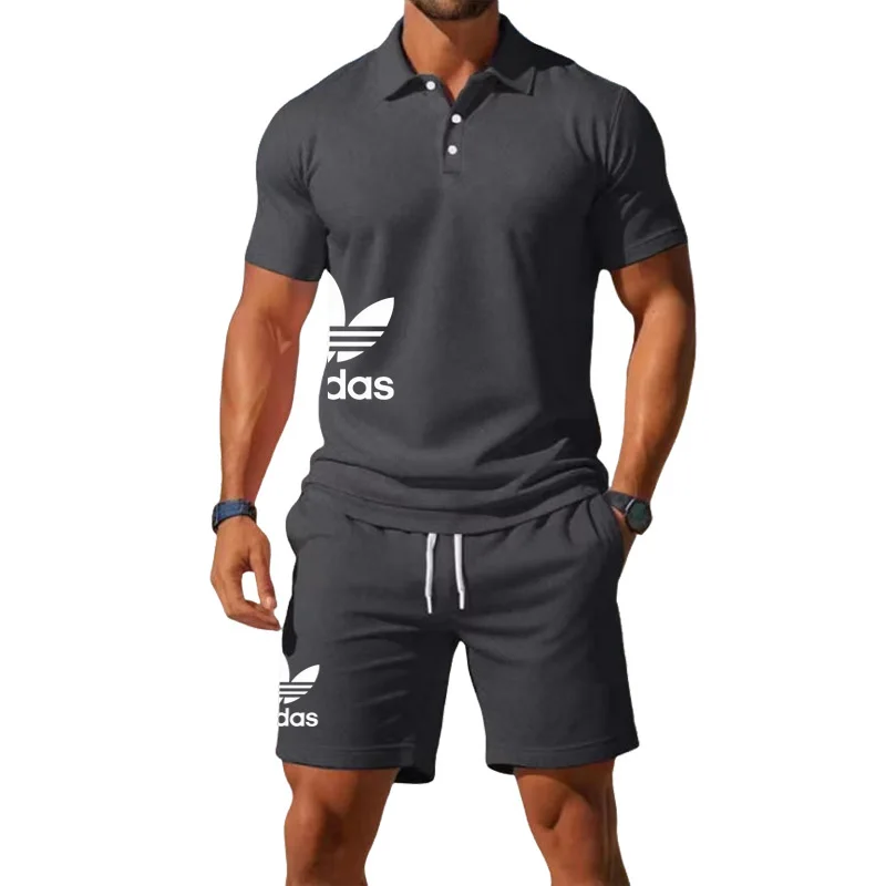 

Sports suit summer men's new fashionable polo shirt 2026 casual basketball short sleeved round neck T-shirt+shorts two-piece set