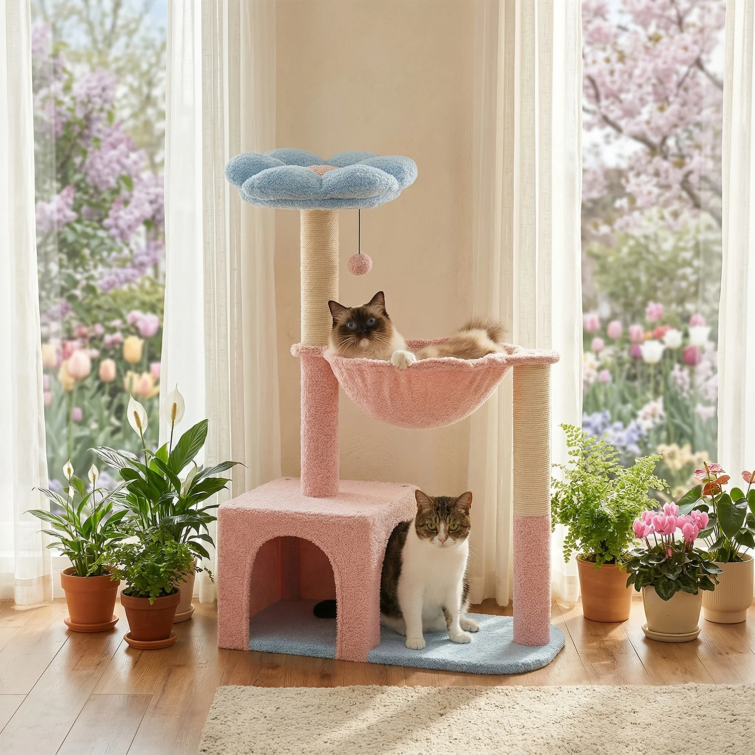 

Flower Cat Tree With Large Metal Frame, Hammock, 36.61 inch, Cute Cat Tower With Sisal Scratching Posts For Small Indoor Cats, Cat House With Pink Perch For Kittens