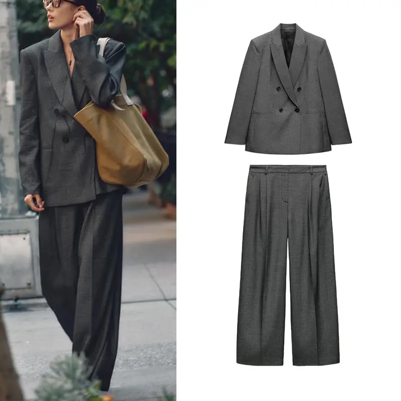 Spring New Women's Trousers And  Set Pleated Wide Leg Pants Shoulder Pad Double Breasted Suit Jacket Two Piece Outfit