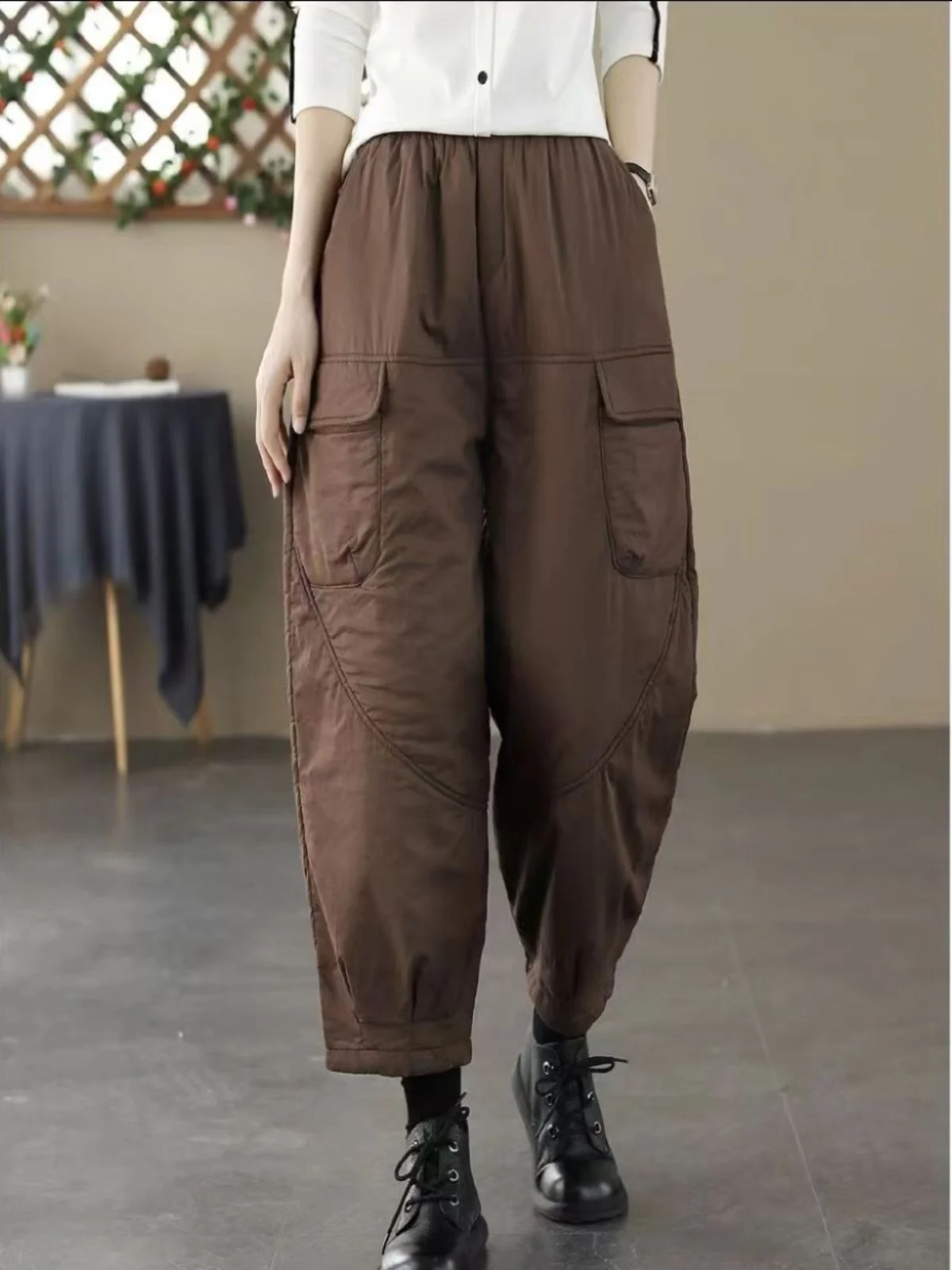 

Lightweight down Cotton Pants for Women Casual Winter High Waist Long Straight Leg Thiened Warm Outdoor Wear Trousers