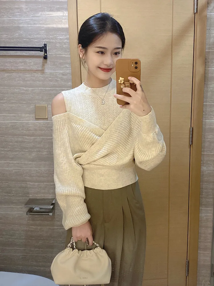 Fake Two Pieces Women 2025 Spring Fashion Off Shoulder Sweater Bottoming Top Black Beige Knit Slim Pullover Long Sleeve Knitwear