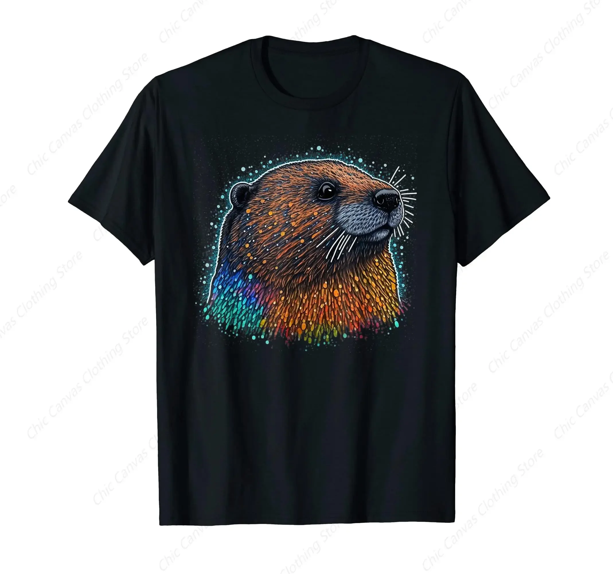 

Colorful Artistic Beaver Print Graphic Tee Soft Breathable Cotton T-Shirt