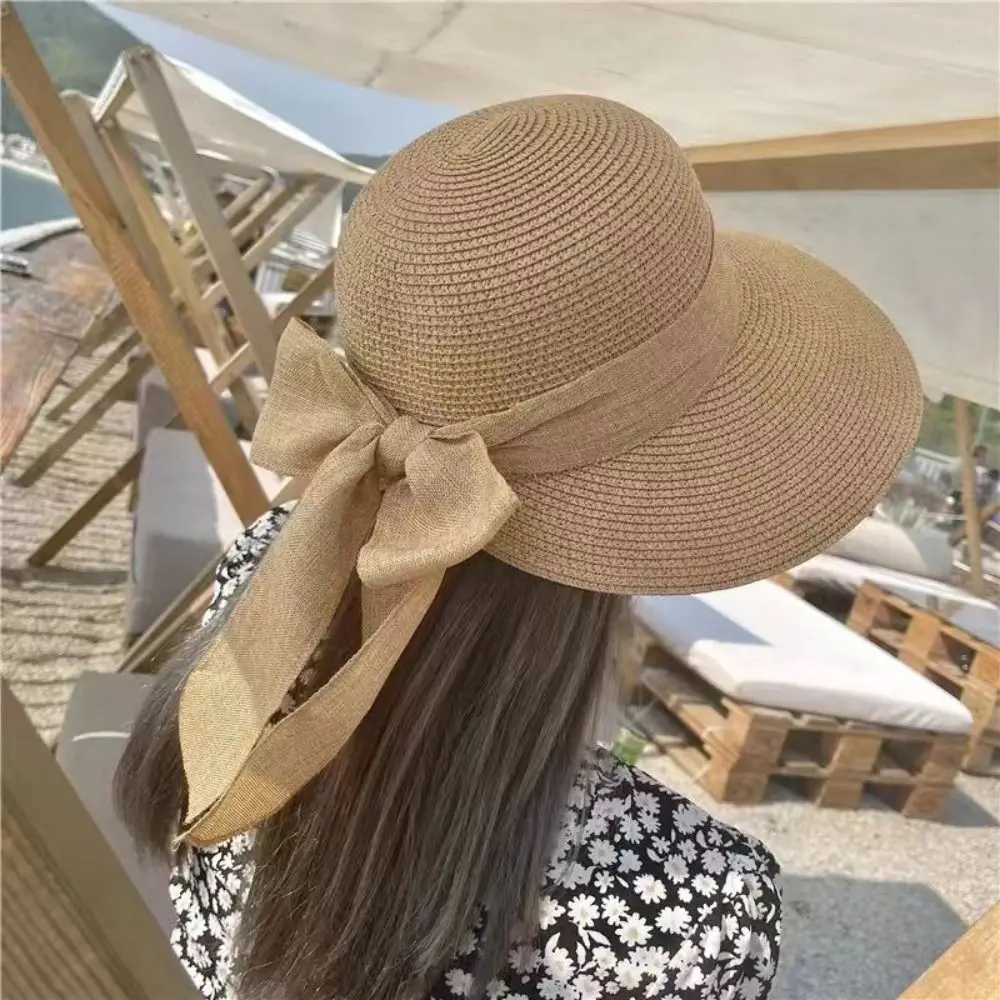 Wide Brim Sun Hat Bowknot Straw Hat Beach Cap UV Protection Breathable Panama Cap Summer Fashion Casual Bucket Hat for Women