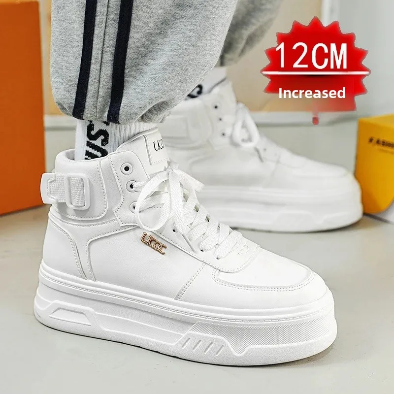 New Autumn/Winter Men's Casual Sneakers 12cm Increased Height 10cm Thick Sole White Shoes High Top Rubber Base Male Footwear