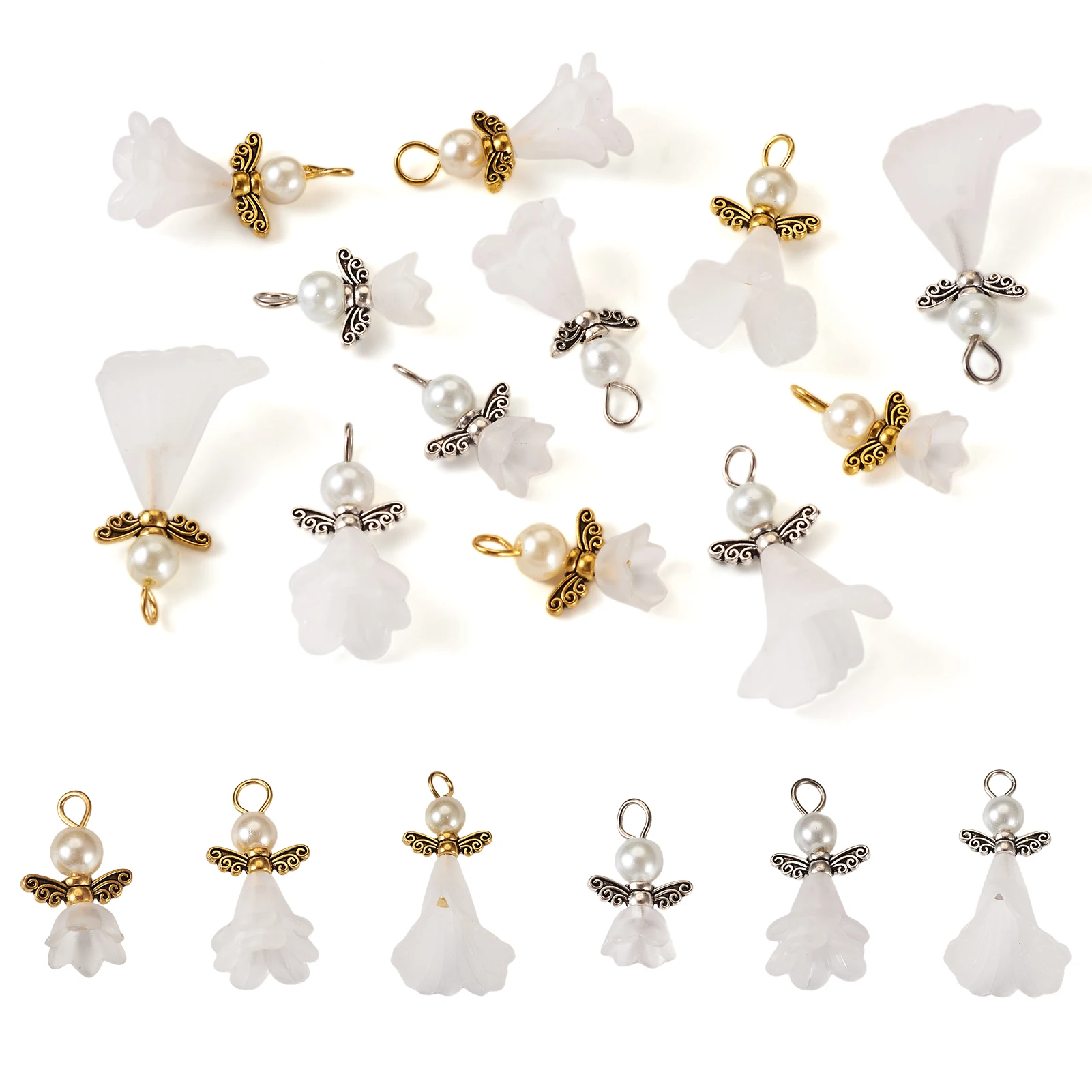 30Pcs 6 Styles Angel Wing Charms Frosted Acrylic Flower Pendants with Glass Pearl Beads for Jewelry Making DIY Handmade Crafts