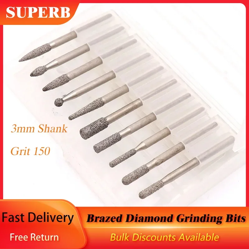 

10Pcs/Set Brazed Diamond Grinding Bits 3mm Shank Carving Burrs For Metal Jade Stone Peeled Agate Granite Stone Carving Tools