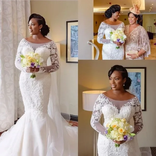 Customized South African Mermaid Wedding Dresses Plus Size Lace Appliqued Long Sleeves Tulle Bridal Gowns Robe De Mairee