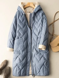 Lightweight Down Jacket Women Loose Casual Hooded Winter Long Coat Female Casual Loose Plaid Parkas Snow Wear Outwear