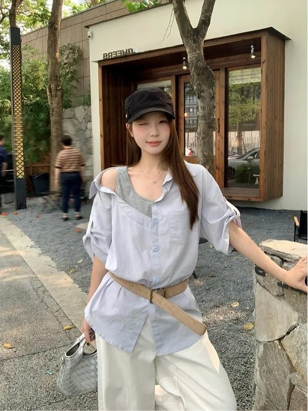 

plus Size Women's Slimming Apperance Fake Two-Piece Shirt Summer Design Lazy Style Color Block Loose Short Sleeve Top