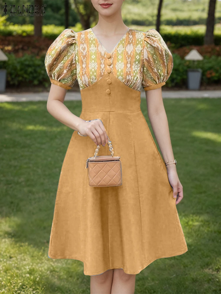 ZANZEA Bohemian Ikat Print Patchwork High Waisted A-Line Dresses Women Elegant V-Neck Short Puff Sleeve Knee-Length Robes Femme
