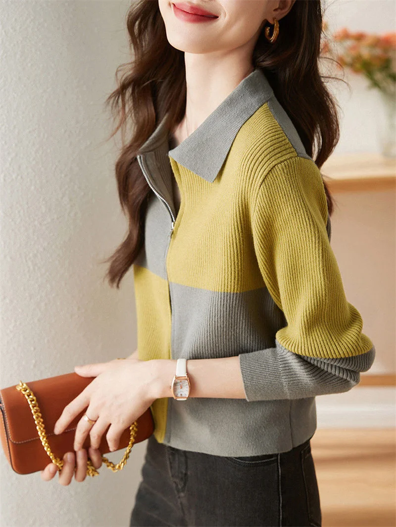 Knitted Cardigan Women's Long Sleeved Loose 2024 New Casual Thin Jacket Spring And Autumn Korean Color Blocking French Chic Top