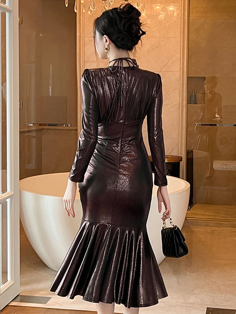 2024 Host Banquet Dress Female Celebrity Style Bright Folds Ruffles Waist Wrapped Irregular Fishtail Robe Party Prom Vestidos