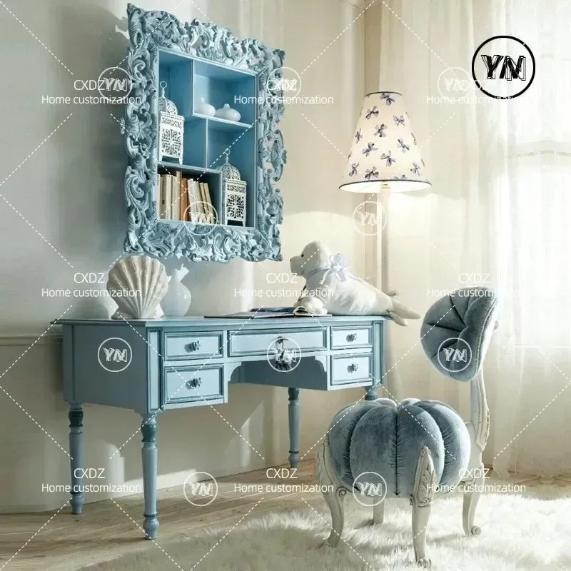 Blue Retro Makeup Table with Drawers Solid Wood Vanity Desk for Bedroom Princess Style Dressing Table