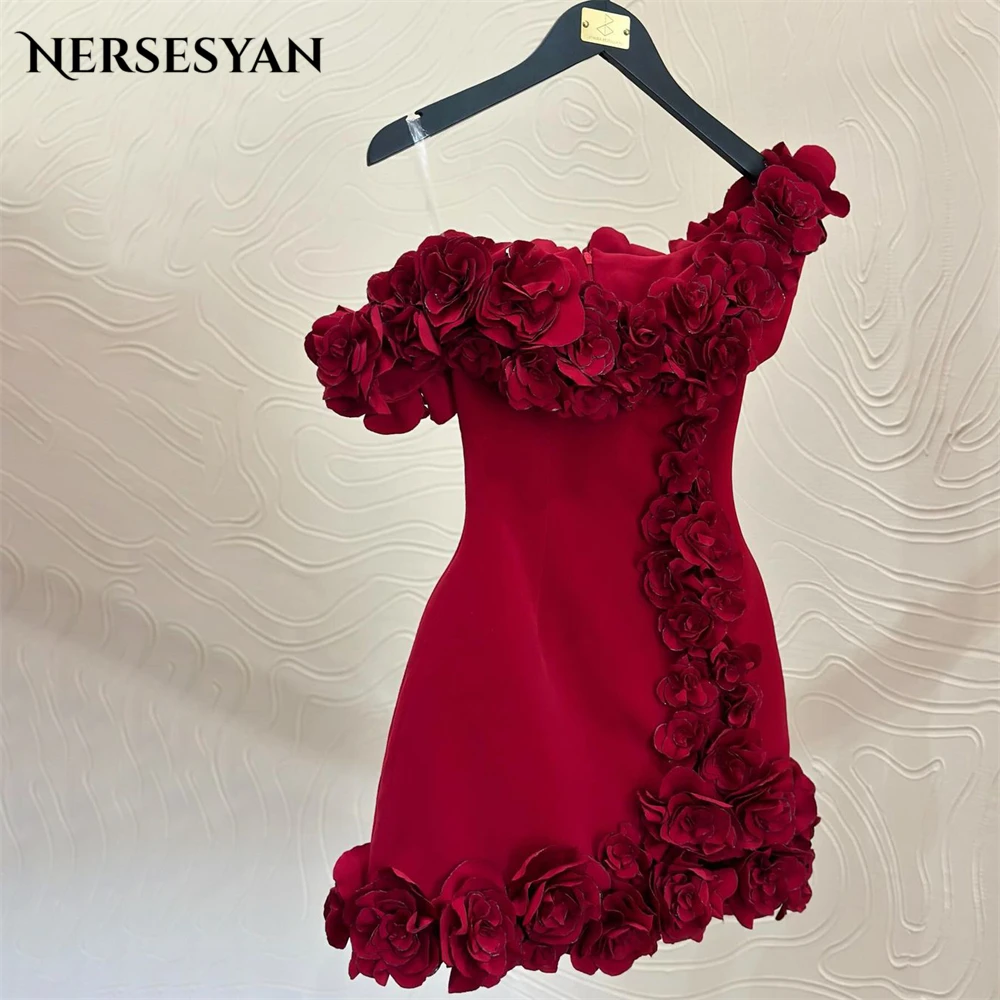 

Nersesyan Red 3D Flowers Cocktail Party Gowns For Evening One Shoulder Lace Mini Prom Dresses vestido elegante feminino luxo