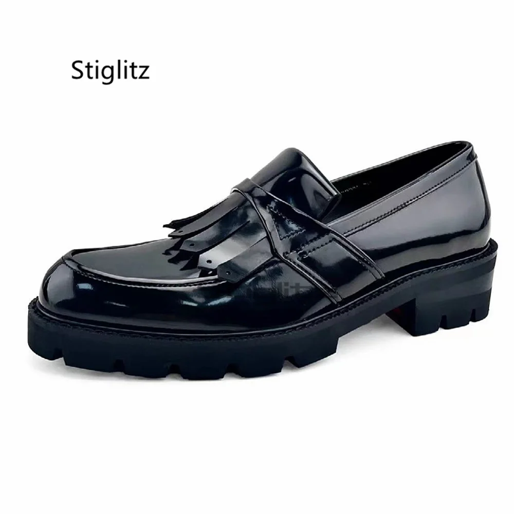 Men's Black Patent Leather Tassel Loafers Thick Soled British Style Chunky Platform Shallow Slip On Casual Business Dress Shoes