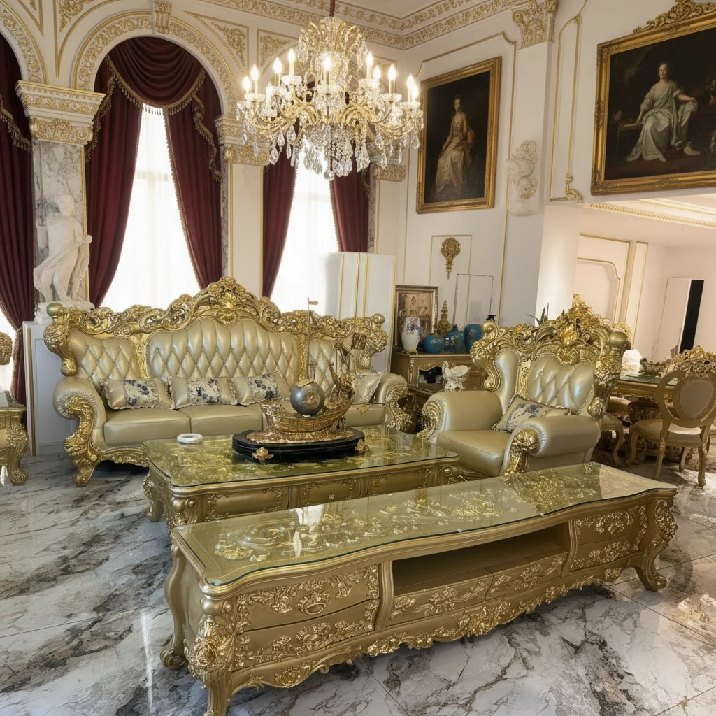 gj-European Style Genuine Cowhide Sofa Noble Gold Solid Wood High-end Luxury Living Room Furniture for Apartment and Villa#