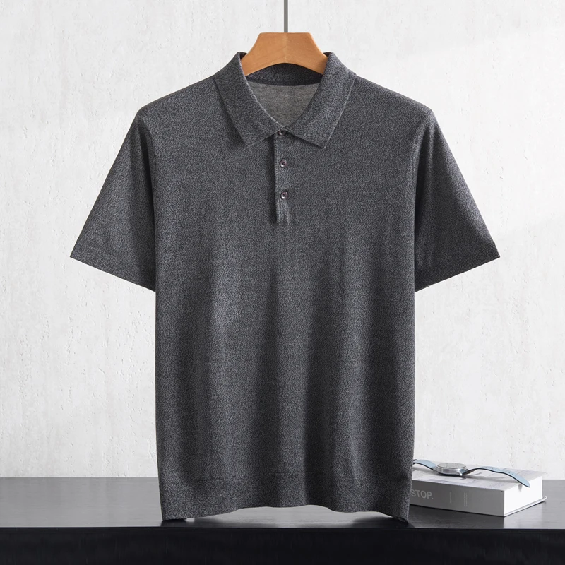 Men's Fine Lyocell Mulberry Silk Polo Collar Short-Sleeved Men's Knitted Short-Sleeved T-Shirt for Spring and Summer