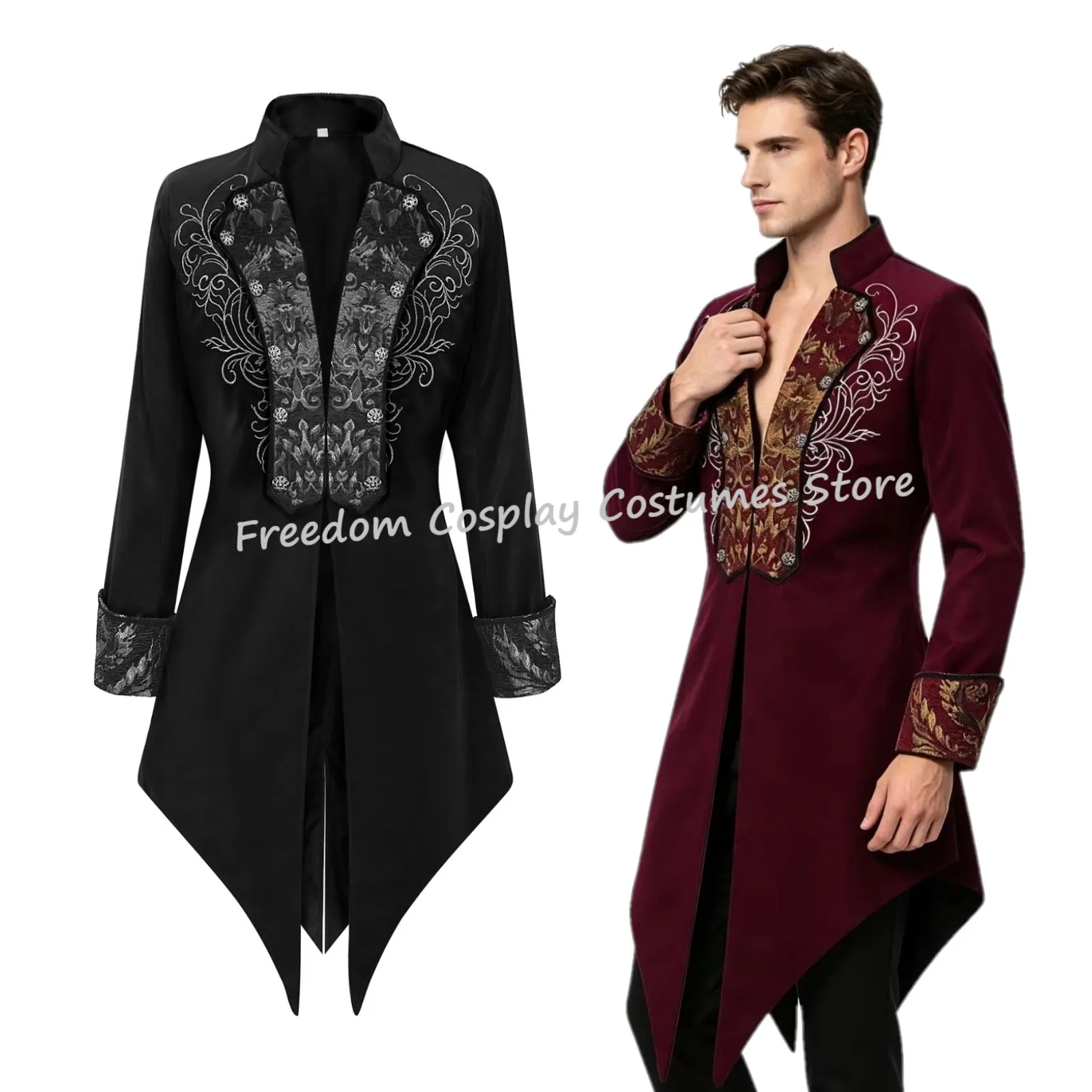 NEW Man Victorian Tailcoat Jacket Burgundy Embroidery Long Sleeve Steampunk Coat Halloween Party Medieval Cosplay Outerwear